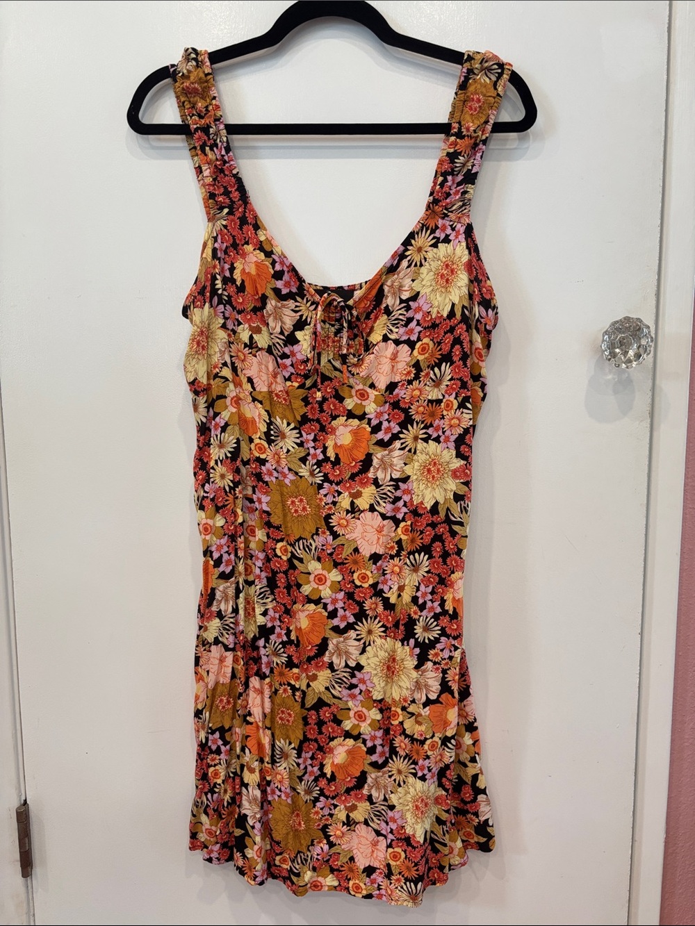 Rip Curl Black Floral Mini Dress with Pink & Orange Blooms - Picture 1 of 5